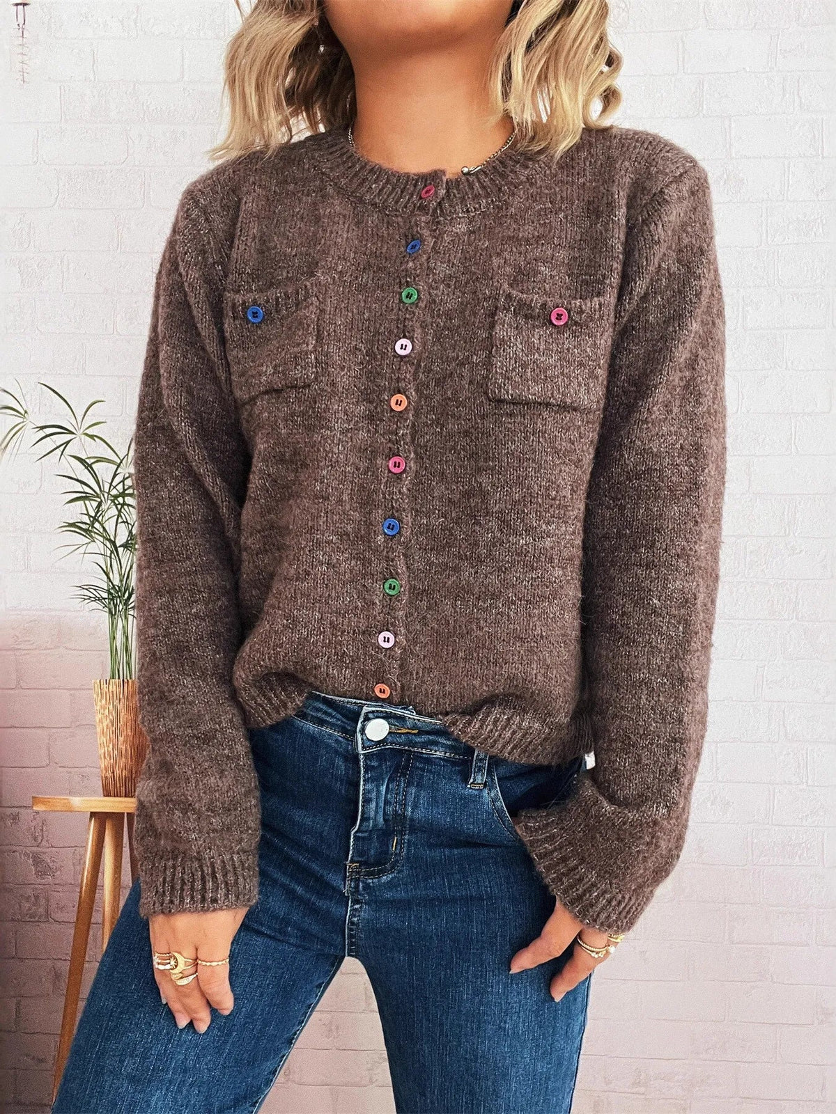 Button-Up Ribbed Hem Cardigan with Chest Pocket