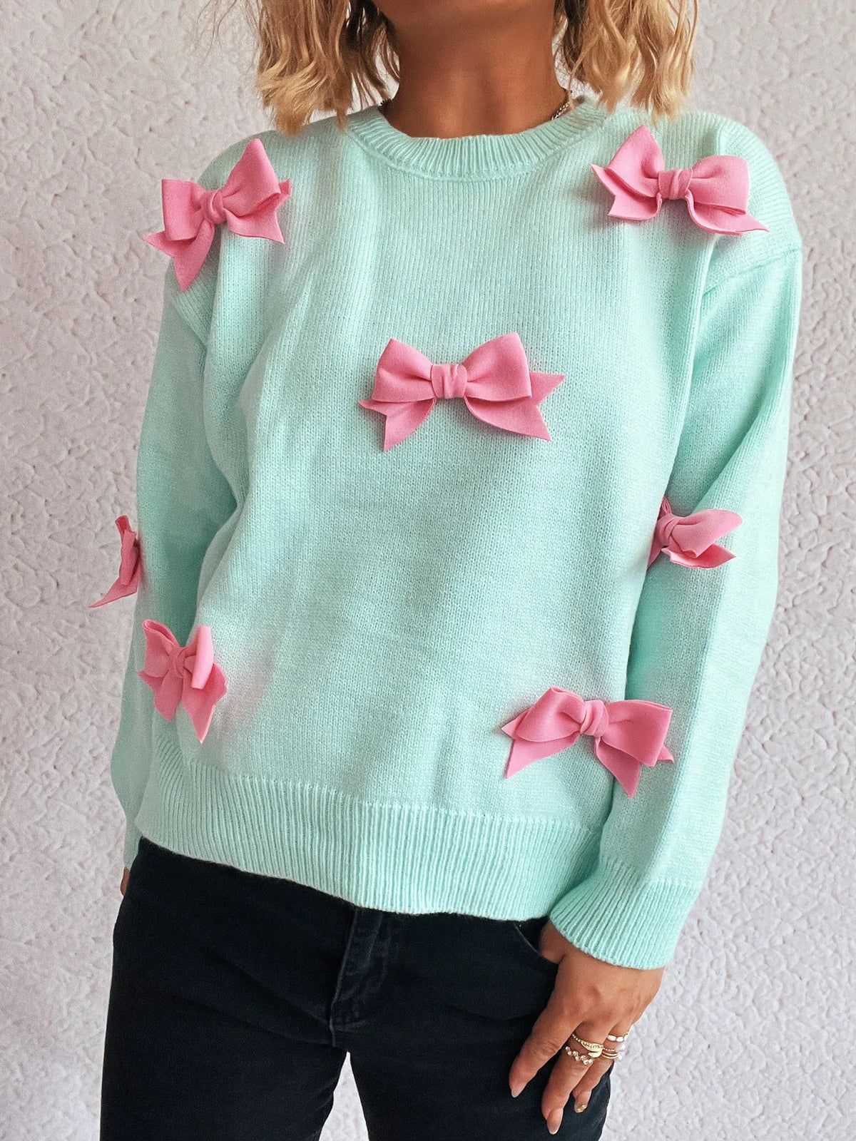 Bow Round Neck Long Sleeve Sweater