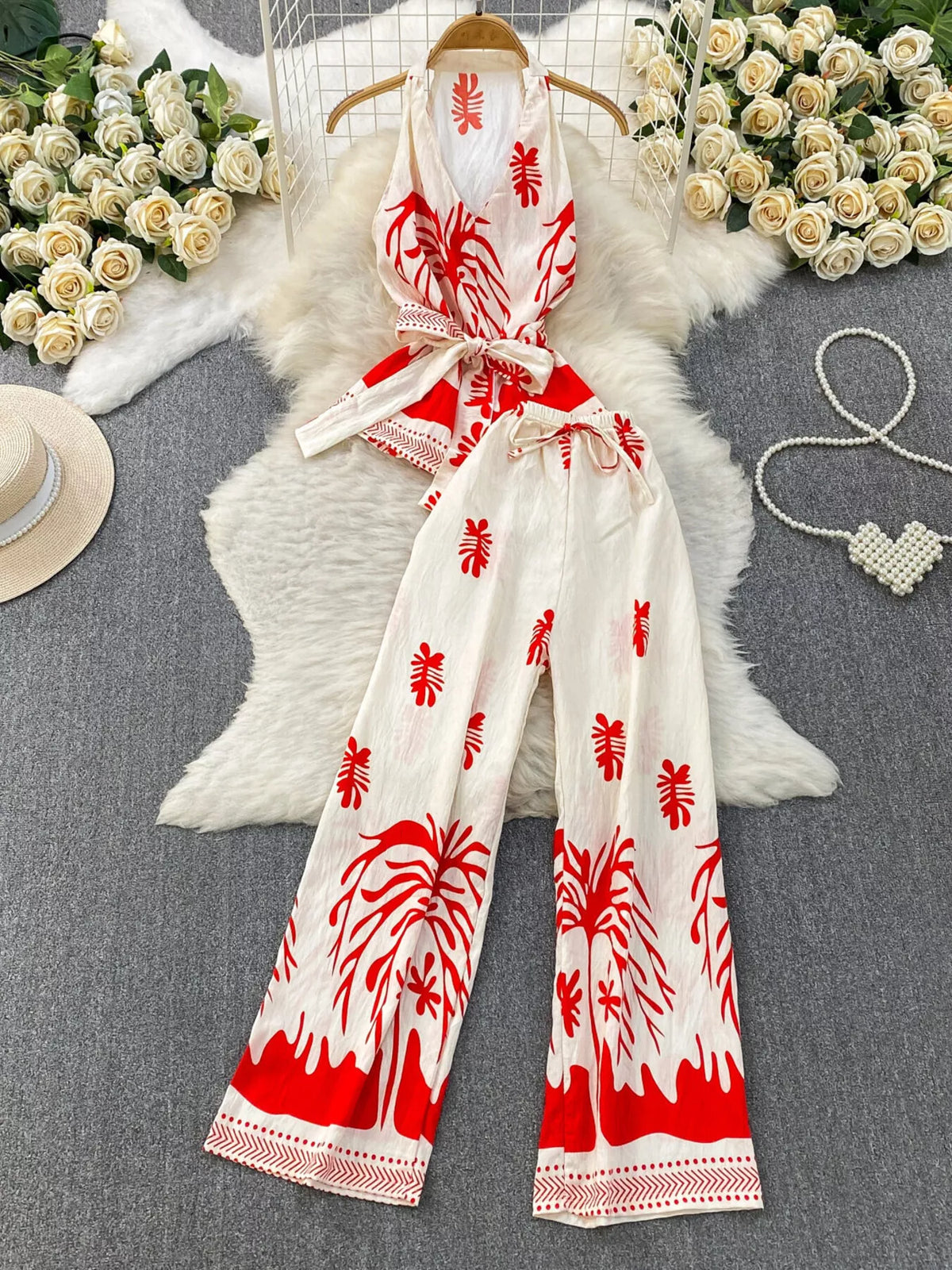 Printed Sleeveless Top and Wide Leg Pants Set