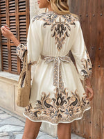Printed V-Neck Balloon Sleeve Mini Dress