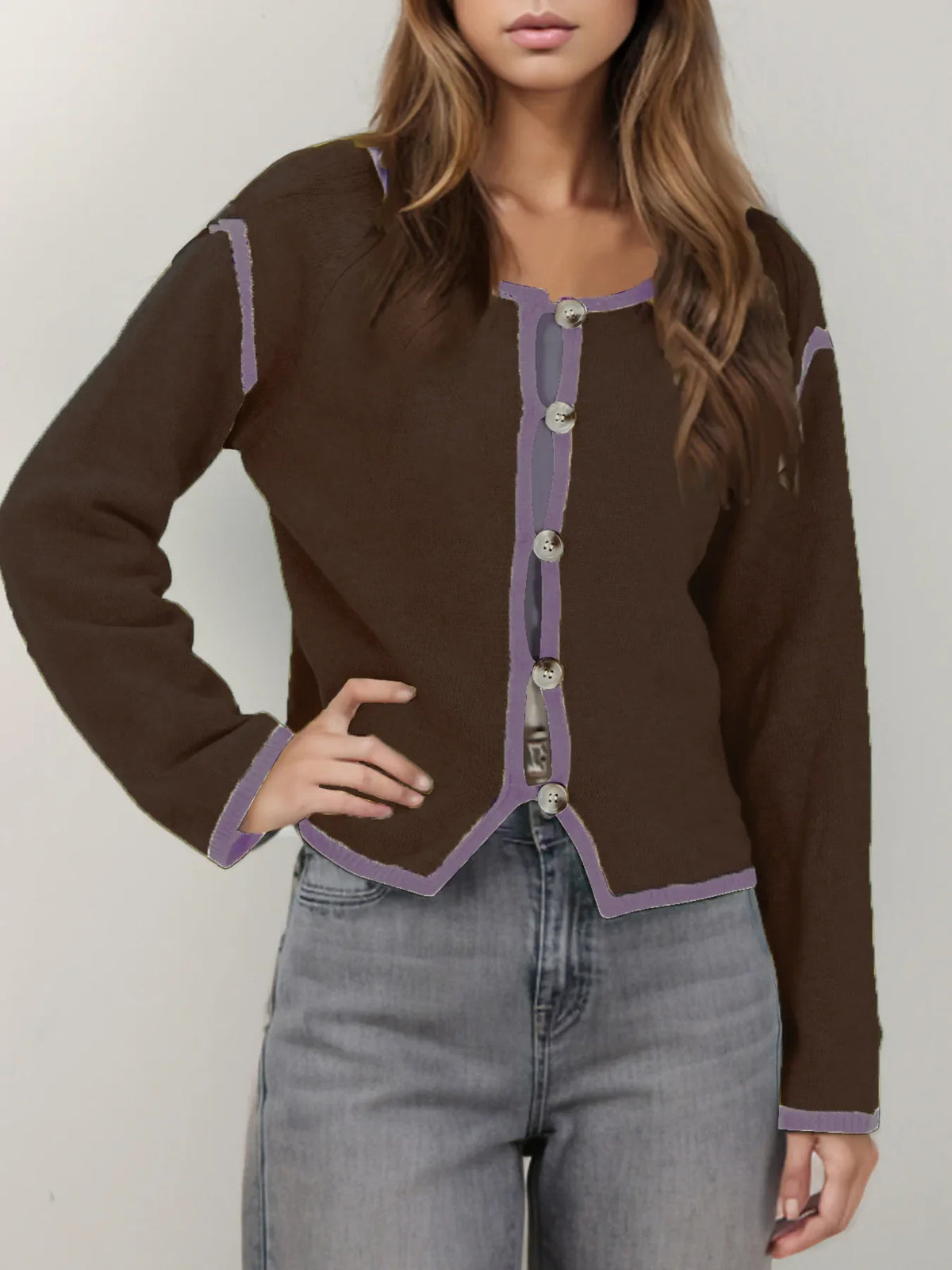 Button-Front Cardigan with Contrast Trim