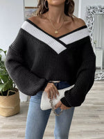 Contrast Trim V-Neck Ribbed Sweater
