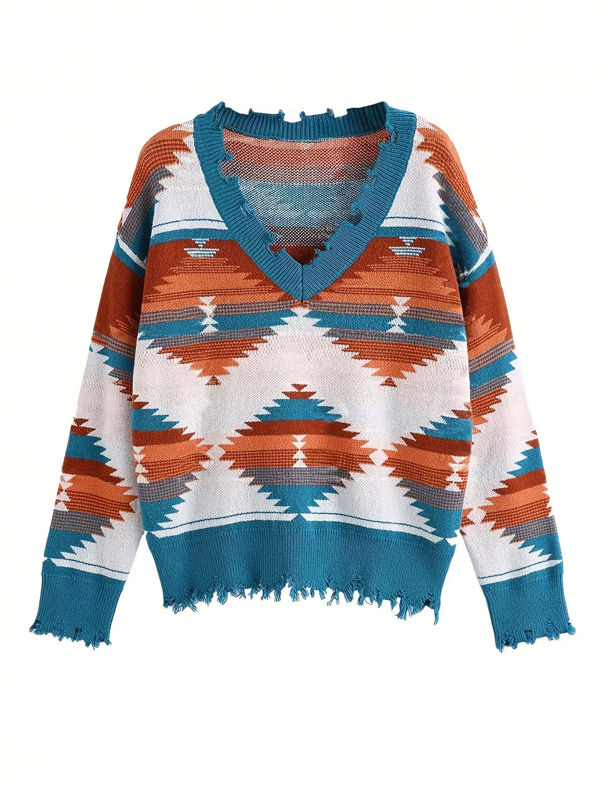 Geometric Frayed Hem V-Neck Long Sleeve Sweater
