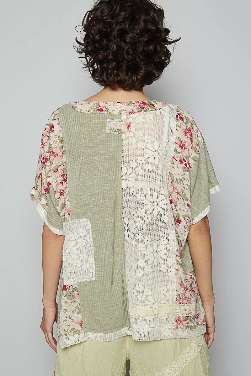POL Lace Round Neck Short Sleeve Floral Pattern Top with Patch Detail