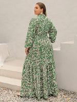 Plus Size Printed Notched Long Sleeve Maxi Dress