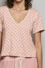 POL Floral V-Neck Short Sleeve Rib T-Shirt