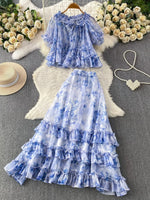 Floral Print Ruffle Hem Blouse and Skirt Set