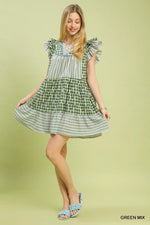 Umgee Mix Patchwork Flutter Sleeve Tiered Dress