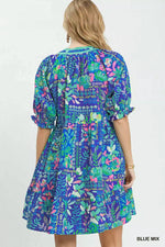 Umgee Mix Botanical Print Puff Sleeve Tiered Dress