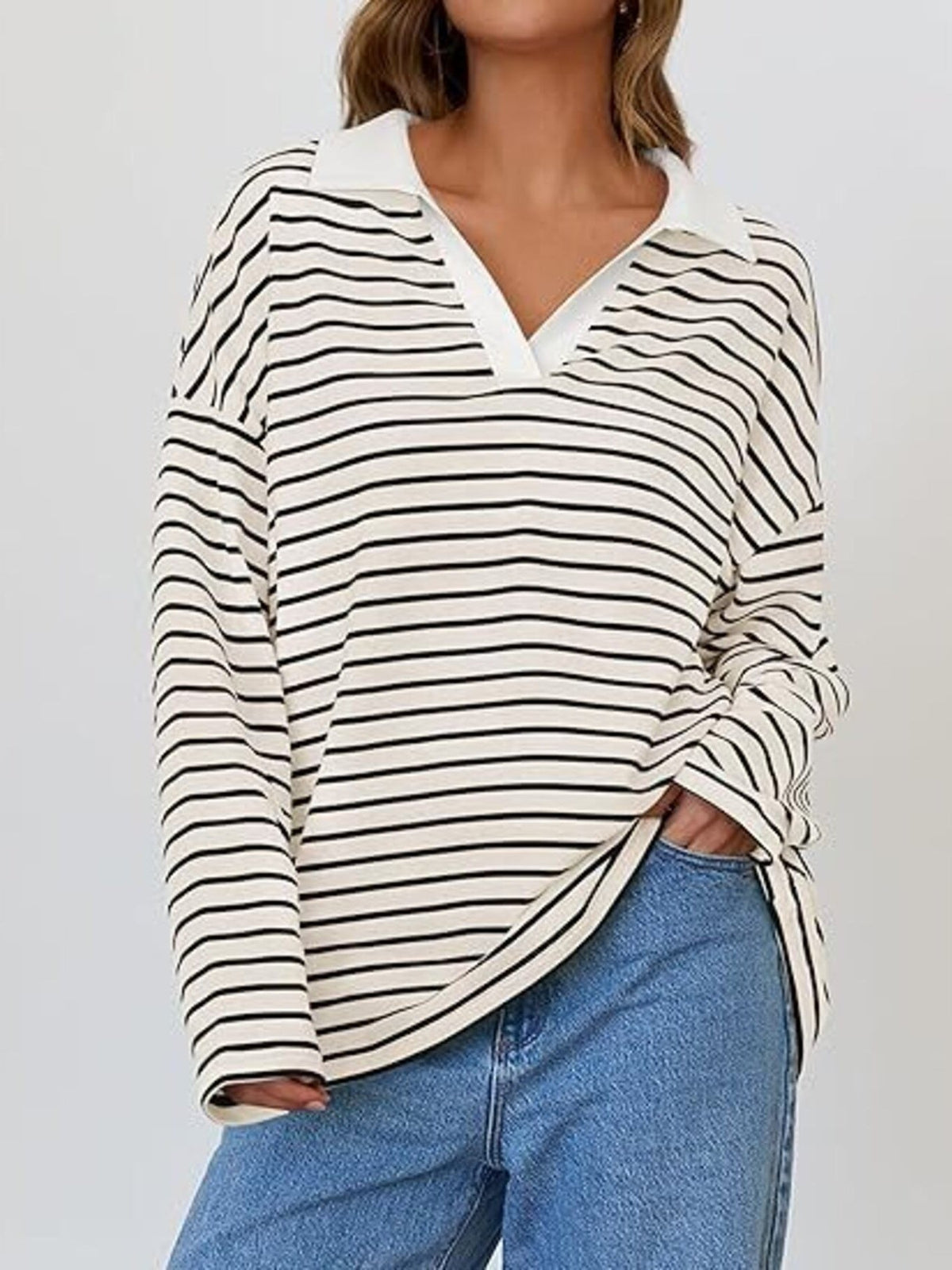 Striped Contrast Collar Long Sleeve Top