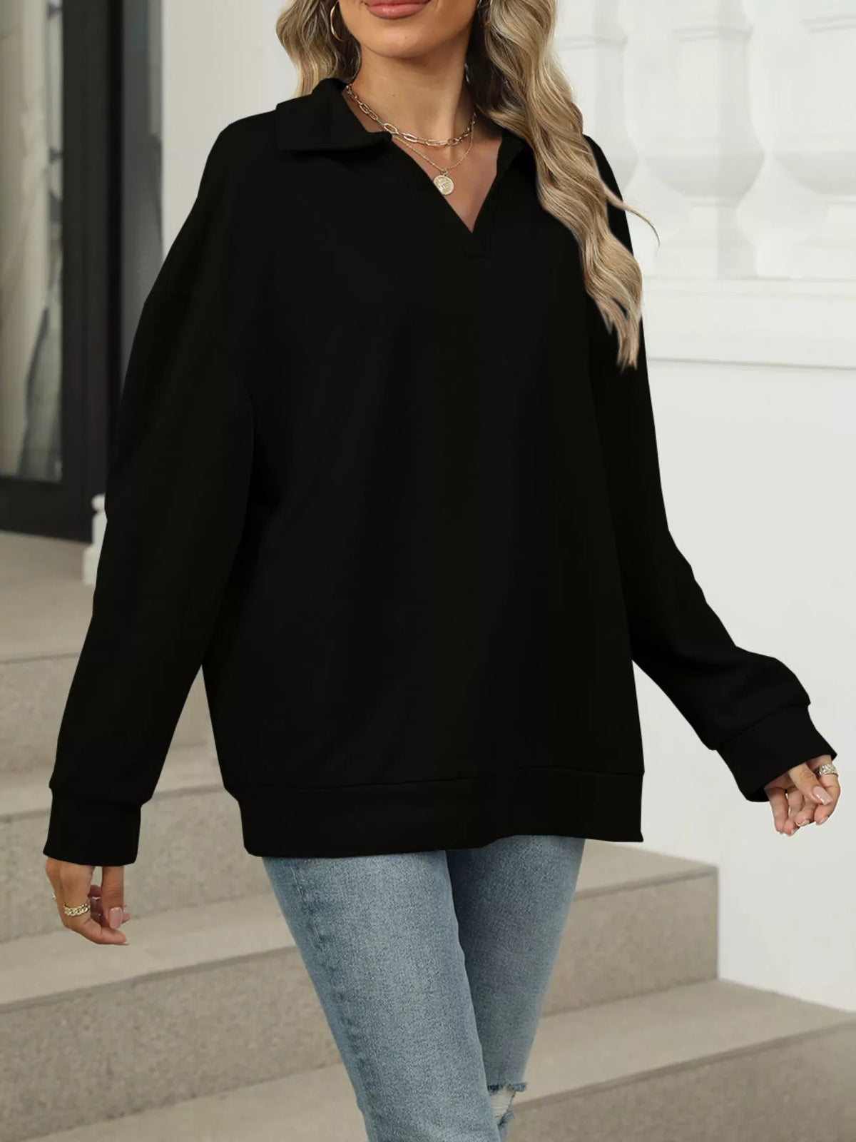Johnny Collar Drop Shoulder Long Sleeve Sweatshirt