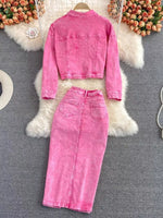 Button Up Jacket and Slit Skirt Denim Set