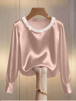 Pearl Trim Round Neck Silk Blouse