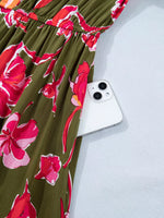 Floral Print Split Neck Short Puff Sleeve Ruffle Hem Dress