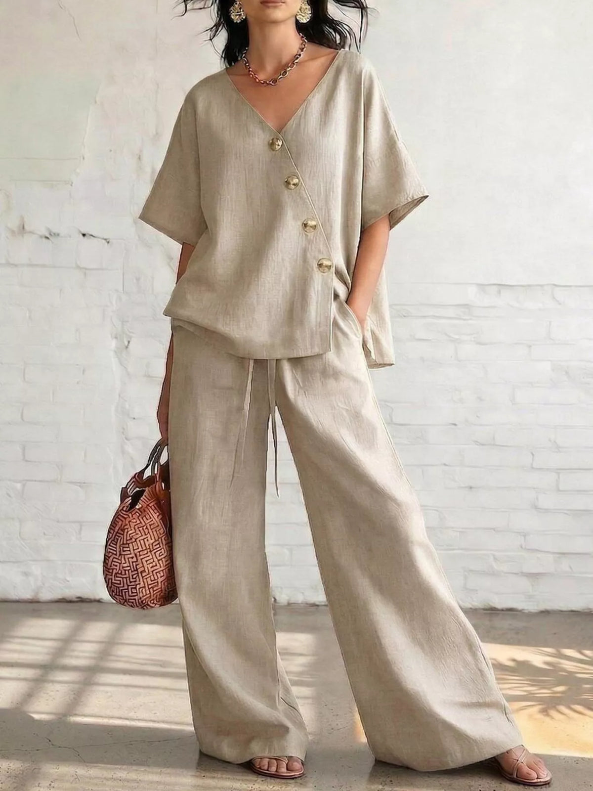 Full Size Surplice Half Sleeve Top and Wide-Leg Pants Set Plus Size