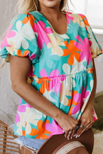 Floral Print Bubble Sleeve V Neck Peplum Blouse