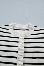 Stripe Ruffle Trim Button Down Knit Short Sleeve Sweater Cardigan