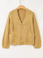 Lantern Sleeve Scallop V Neck Buttoned Front Cardigan