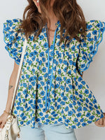 Floral Print Ruffle Sleeve Tie Neck Blouse