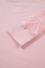 Solid Color Bow Textured Patchwork Long Sleeve Tee