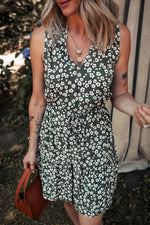 Boho Floral Print V Neck Tunic Sleeveless Dress