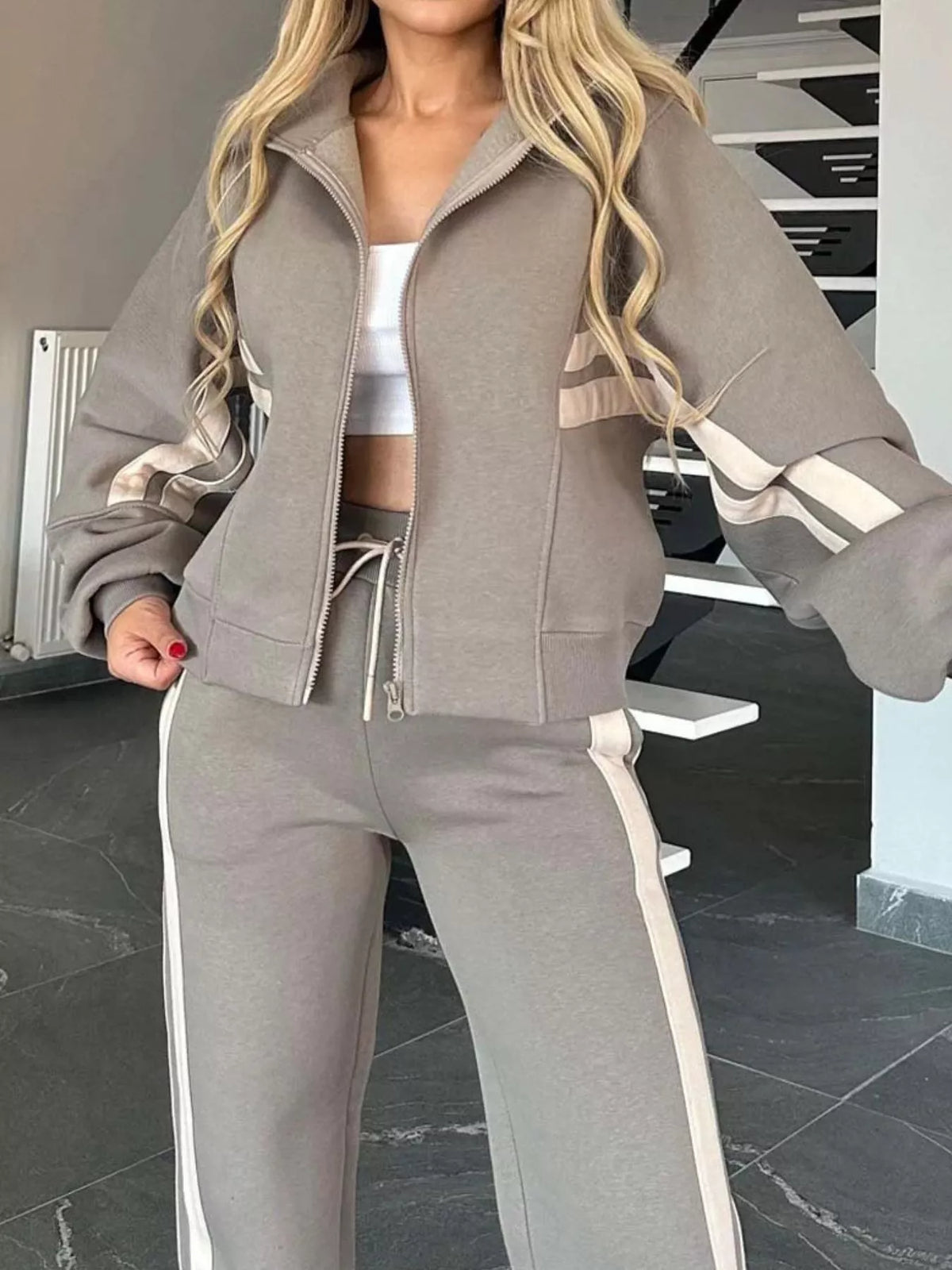 Full Size Striped Zip Up Outerwear and Pants Set Plus Size