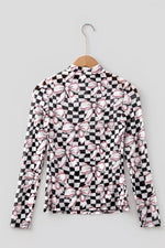 Checkered Baseball Bow Print High Neck Long Sleeve Mesh Top