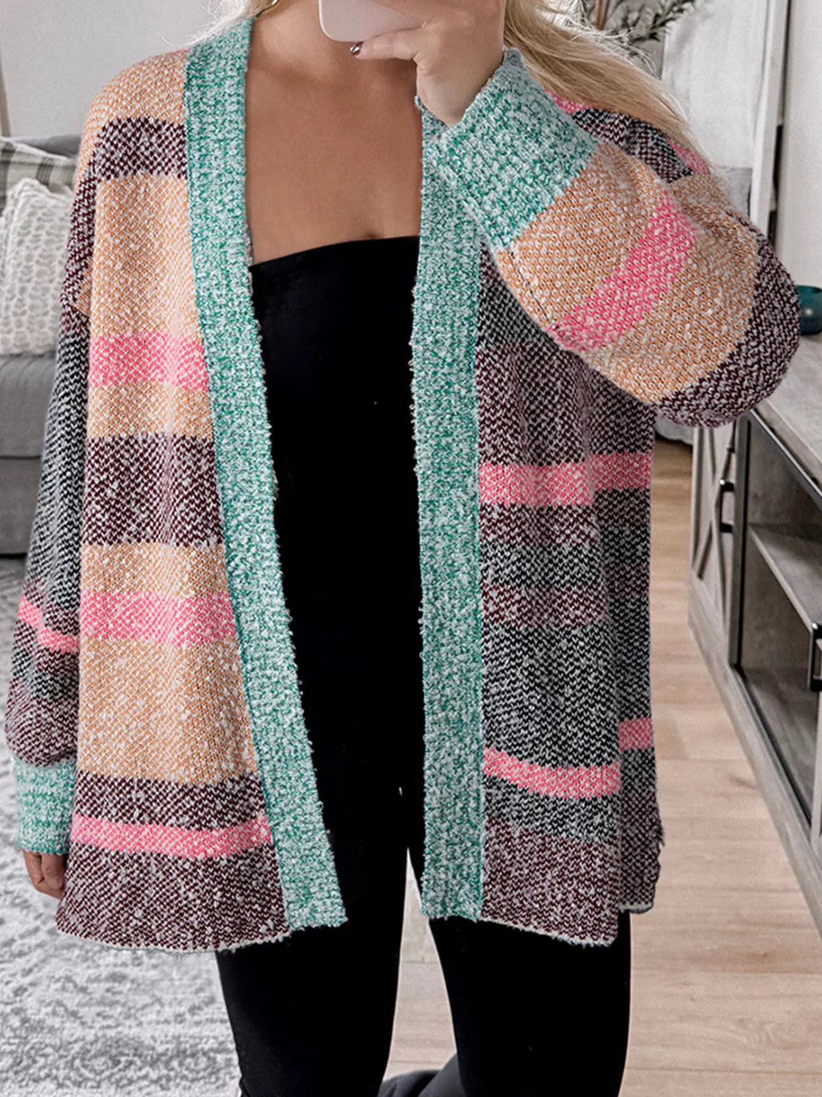 Color Block Striped Side Slit Open Front Cardigan