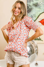 BiBi Floral Jqd Smoked Puff Sleeves V Neck Top