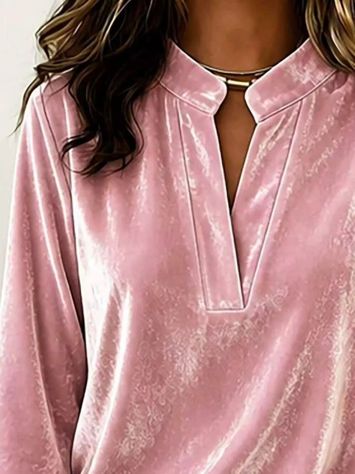 Full Size Velvet Notched Long Sleeve Top Plus Size