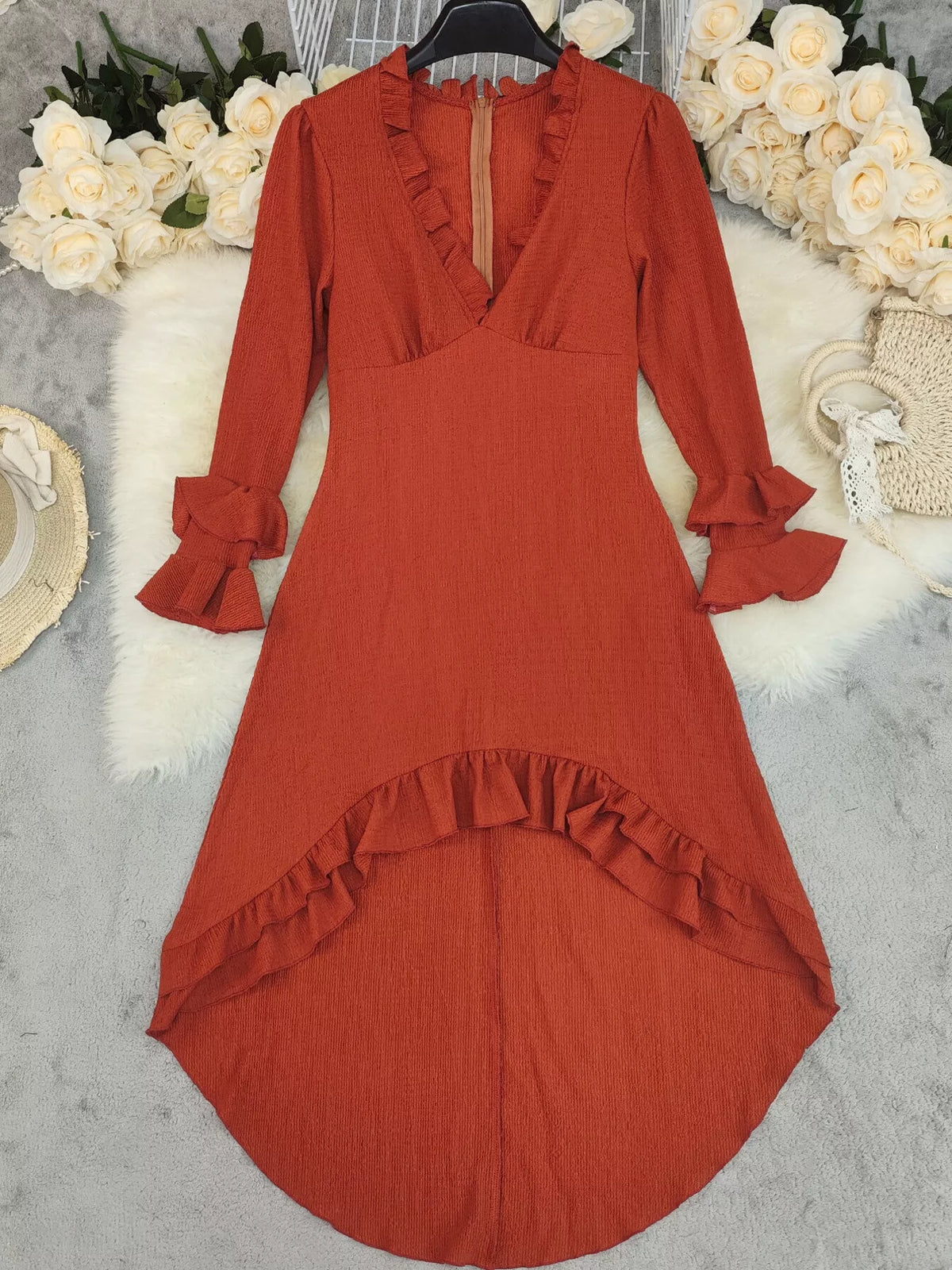 Ruffled High-Low Long Sleeve Dress