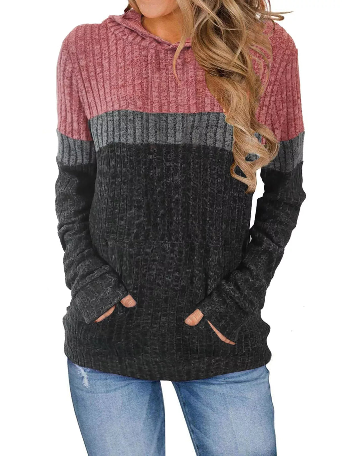 Full Size Color Block Ribbed Knit Hoodie Plus Size