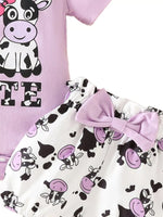 Children's Ruffled Cow Bodysuit and Shorts Set with Headband