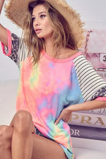 BiBi Tie Dye French Terry Top With Stripe Raglan