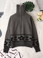 Flower Zip Collar Long Sleeve Sweater