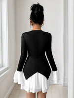 Two Tone V-Neck Long Sleeve Mini Dress