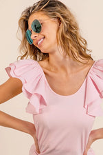 BiBi Wide Layered Ruffle Sleeve Scoop Neck Ribbed Top