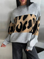 Leopard Color Block Round Neck Sweater