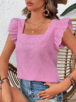 Gingham Ruffle Sleeve Square Neck Blouse