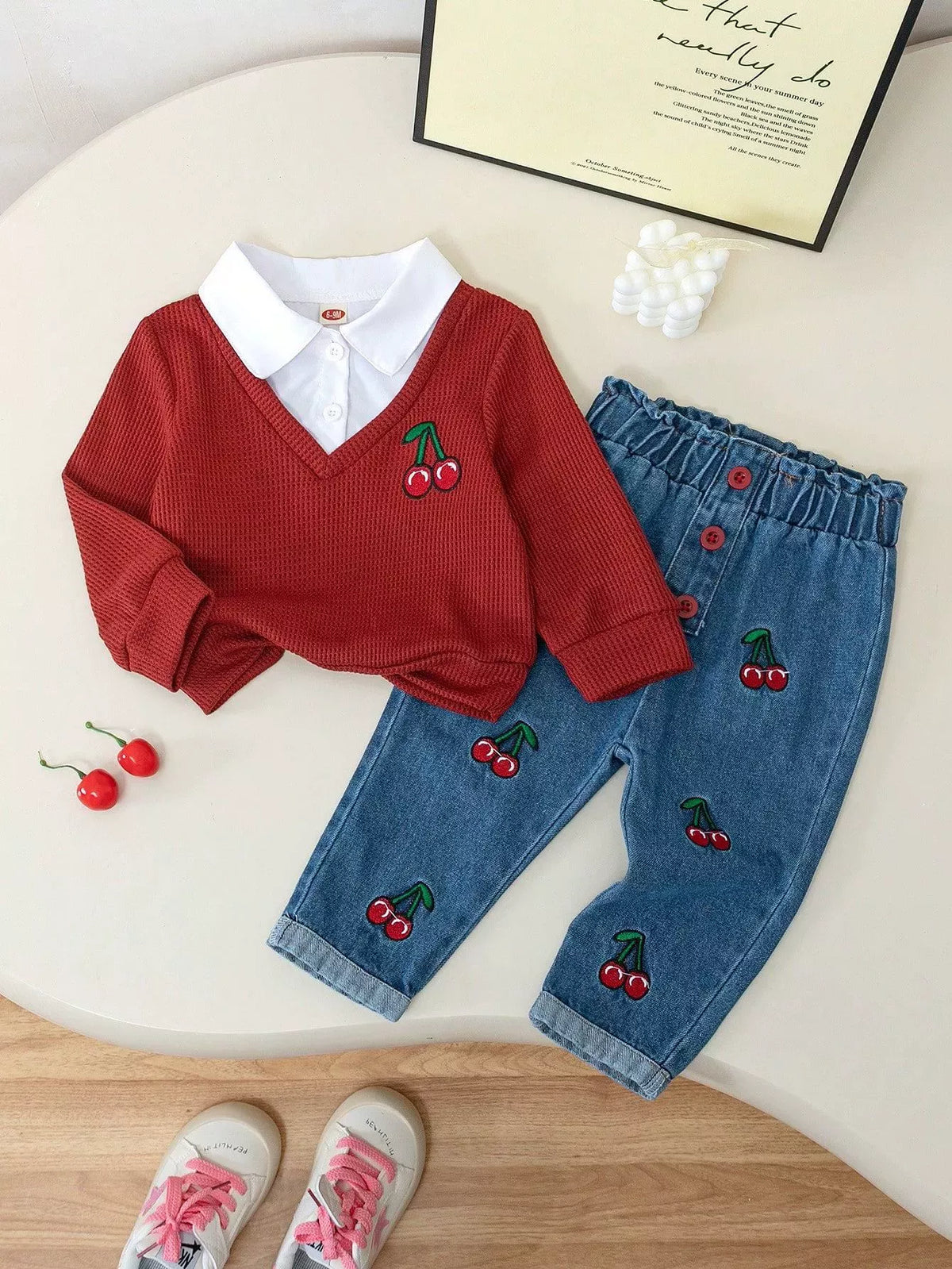 Children's Cherry Embroidered Knit Top and Jeans Set