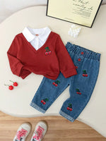 Children's Cherry Embroidered Knit Top and Jeans Set
