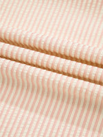 Stripe Bow Knot Cuff Pearl Embellished Puff Sleeve V Neck Blouse