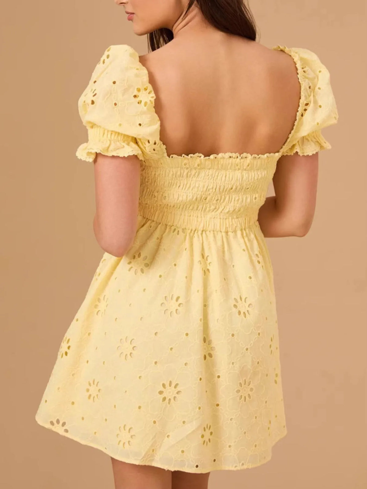 Eyelet Puff Sleeve Smocked Mini Dress