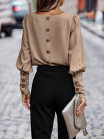 Back Button Lantern Sleeve Blouse