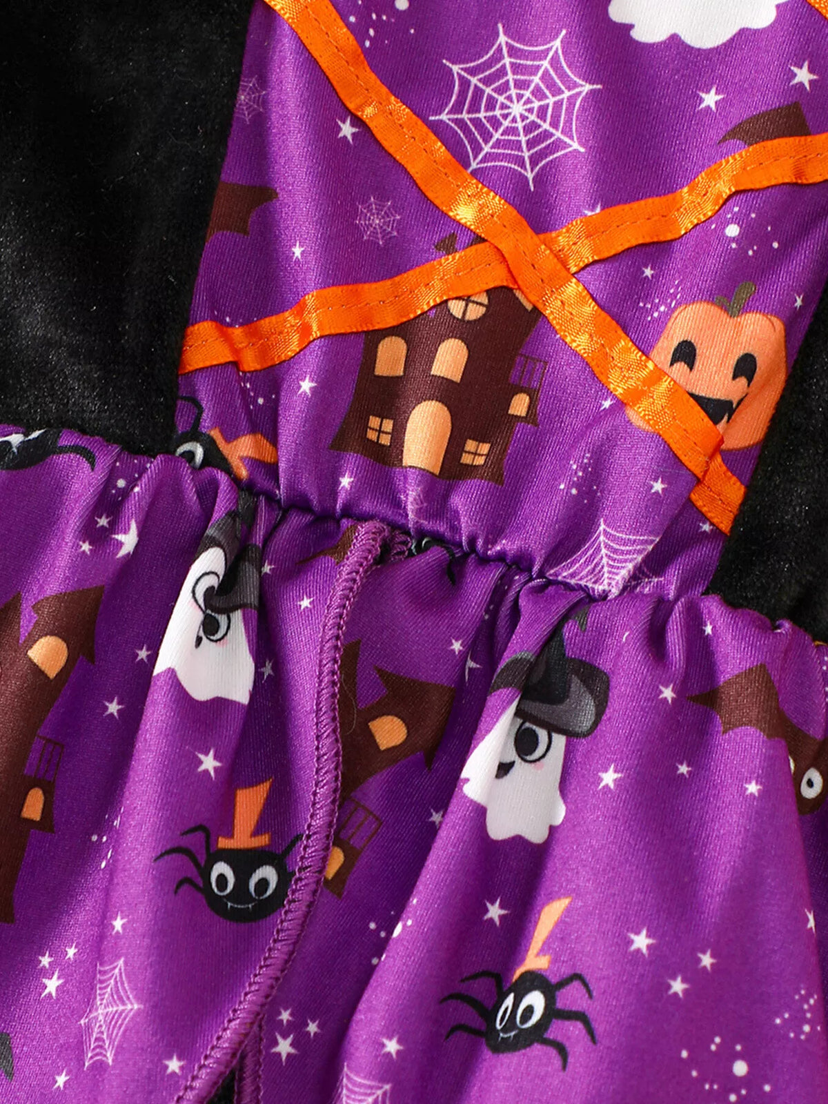 Children's Halloween Hooded Cape and Printed Dress Witch Costume Set