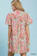Umgee Paisley Floral Puff Sleeve Shift Dress
