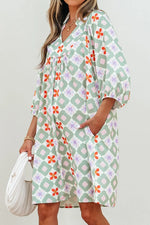 Printed Notched 3/4 Balloon Sleeves Loose Dress