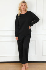 Double Take Full Size Textured Long Sleeve Top and Drawstring Pants Set