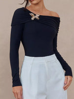 Elegant Off-Shoulder Long Sleeve Top with Butterfly Detail