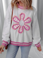 Flower Patch Contrast Trim Crew Neck Sweatshirt